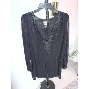 Antik Batik tunic 38 sm black matte silk leather accents embroidery boho EUC